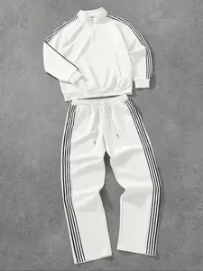 American Retro Sporty Set, Half-Zip Sweatshirt & Striped Wide-Leg Pants, Classic Stripe, Slimming Leg Look, Athleisure Wear Set