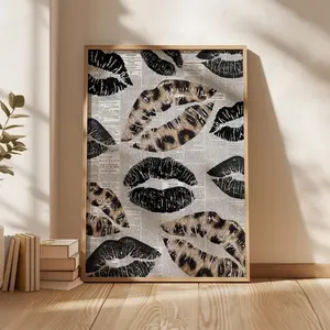Leopard Kisses Retro Newspaper Poster, Kiss Lips Wall Art, Funky Y2K Aesthetic, Digital Prints, Dark Coquette Printable Art
