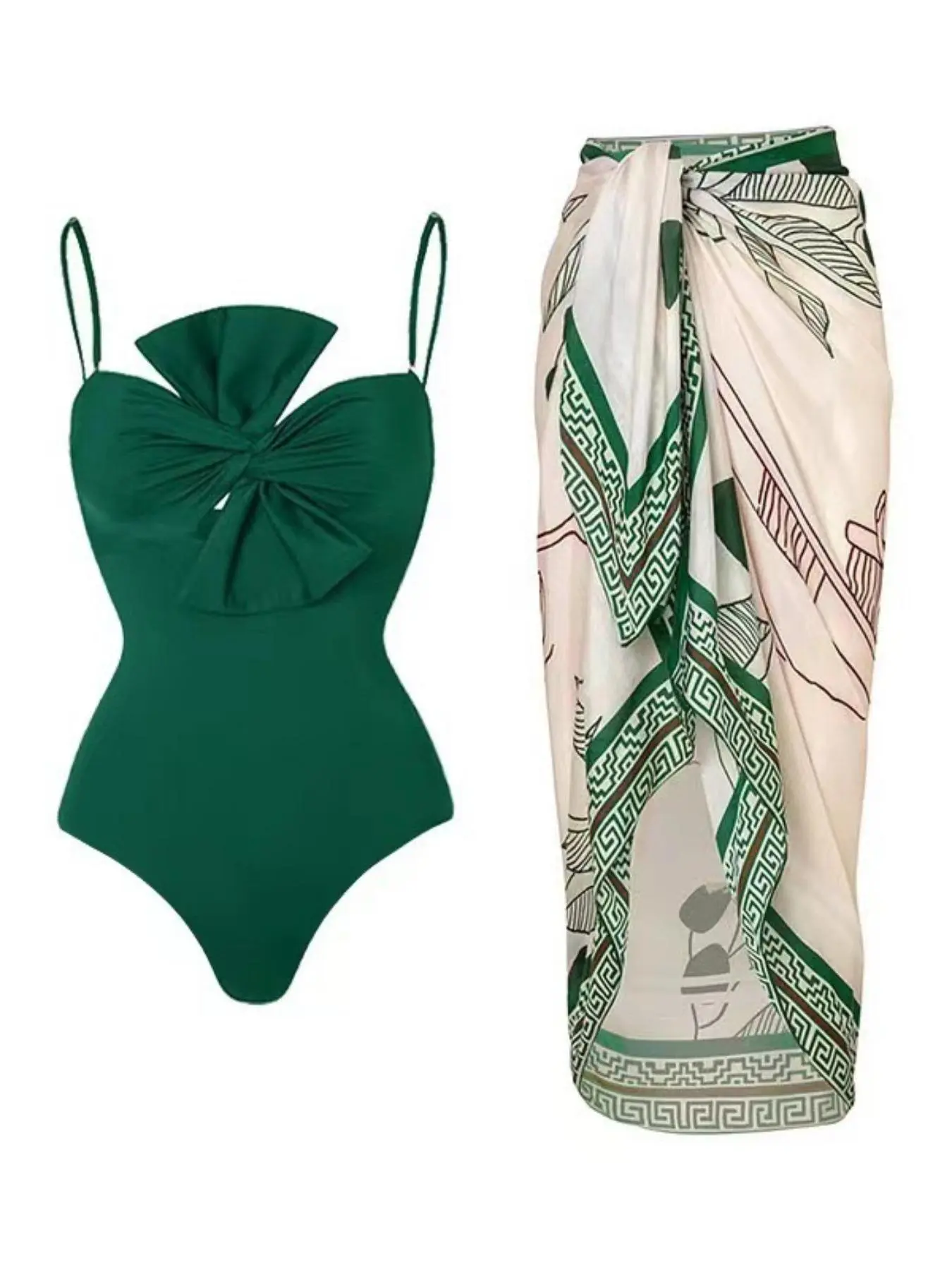 Women's Twist Front One-piece Swimsuit & Colorblock Knot Cover Up Skirt Set, Casual Fashion Chic Swimwear Set for Beach Holiday Vacation, Ladies Swimsuit for All Seasons, Swimsuit Cover Ups, Swimsuits Cover Ups, Swimwear Coverups