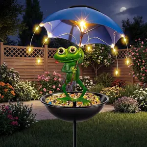 Solar Bird Feeder Frog Garden Decor, Outdoor Solar Lights with Umbrella, Hummingbird Feeder Decorative Path Lights Yard Art Ornament Bird Feeder