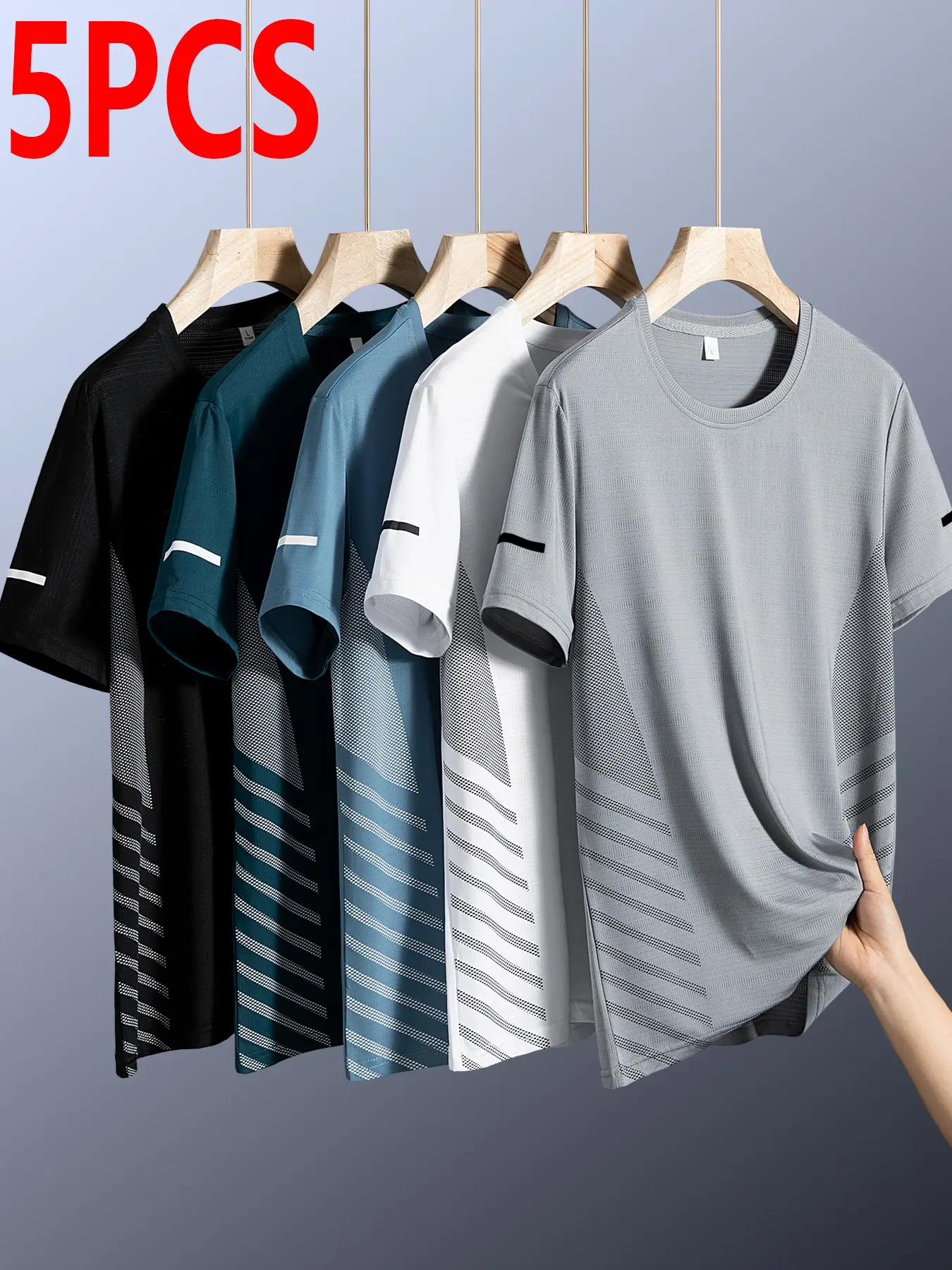 5-Pack Men's Summer Quick-Dry Short Sleeve T-Shirts, Breathable Elastic Round Neck Printed Sport Tops for Running, Gym & Home