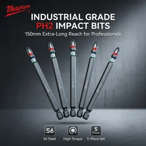 5-Pack Industrial Ph2 Cross Head Screwdrivers, 150mm Extra Long, 1/4" Hex Handle, Durable Shock-Resistant, S6 High Hardness, Drill/impact Driver Compatible