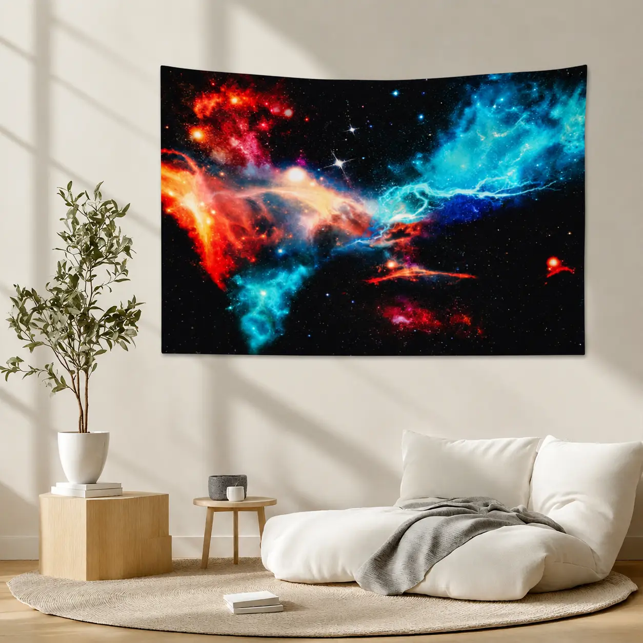 Cosmic Nebula Tapestry, Red and Blue Galaxy Wall Hanging, Colorful Outer Space Starry Sky Decor for Bedroom, Dorm Room and Living Room