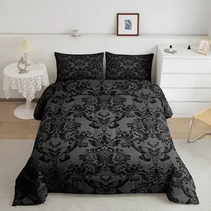 Gothic Comforter Set,Black Damask Comforter,Death Moth Bohemia Boho Luxury Bedding Set,Goth Skull Duvet Set,Vintage Victorian Baroque Floral Quilt Set