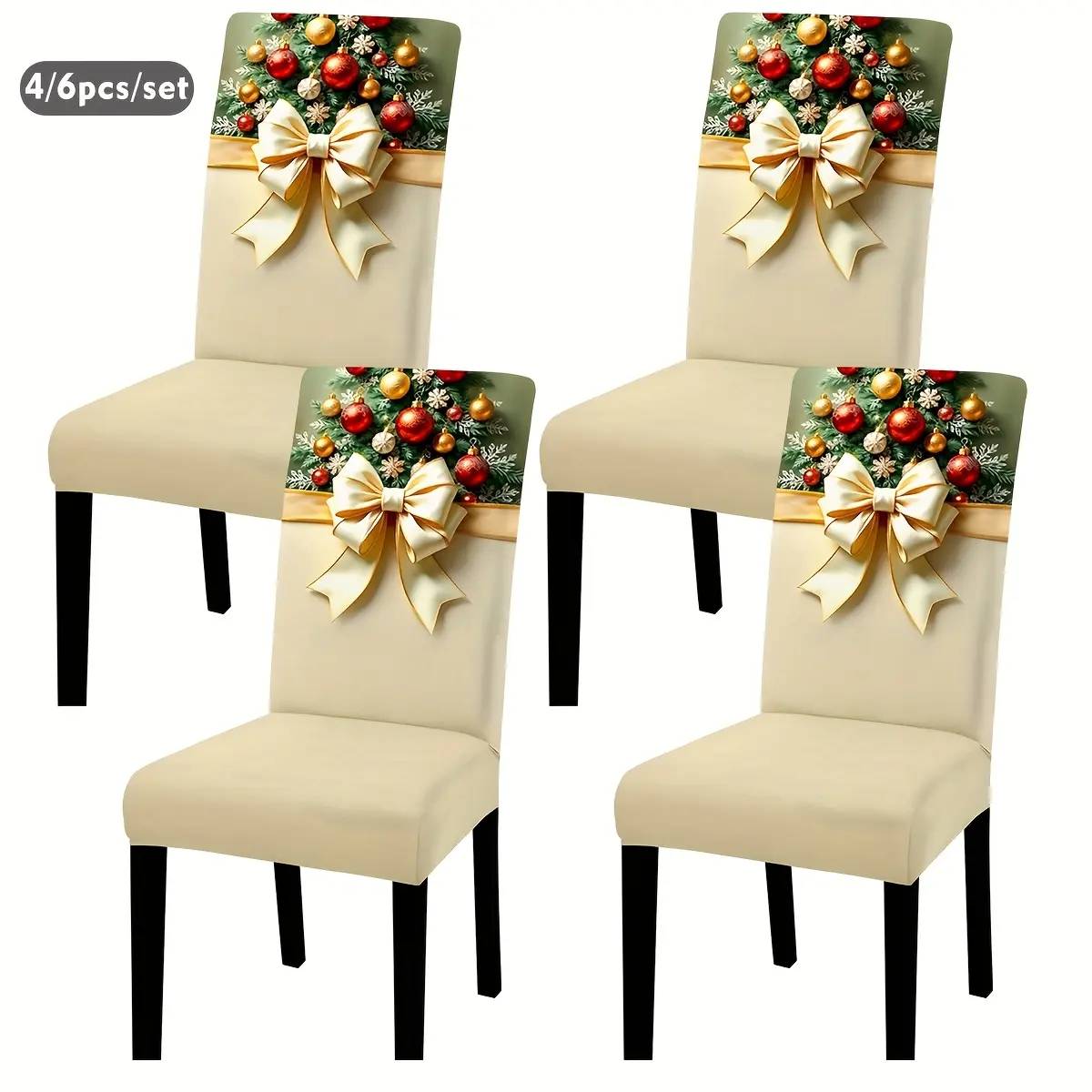 Christmas Dining Chair Slipcovers Set of 4, Xmas Bauble Bow Printed Stretch Spandex Parsons Chair Covers, Elastic Chair Protector for Holiday Dinner Party Home Decoration