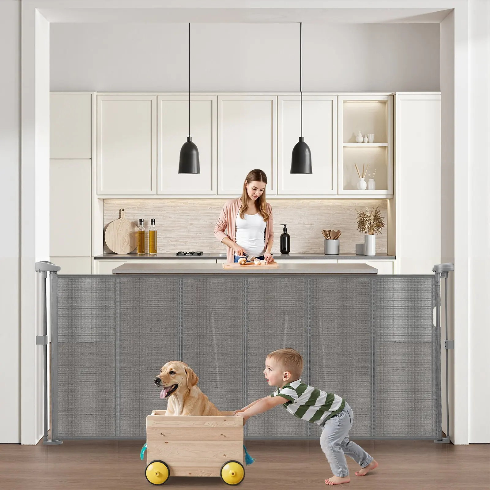【Summerfinds】VEVOR Retractable Safety Barrier, 34 in Tall, Adjustable Width Extends up to 71 inch, Mesh Material, Easy 1-Handed Op., Easy Installation for Indoor Stairs, Doorways, Gray (for Kids, Pets), One-Handed Op.