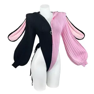 Cute Knitted Bunny Bodysuit with Fuzzy Rabbit Ears, Anime Cosplay Costume Lingerie for Women, Plus Size Two-Tone Black Pink Jumpsuit for Halloween Christmas & Everyday Streetwear