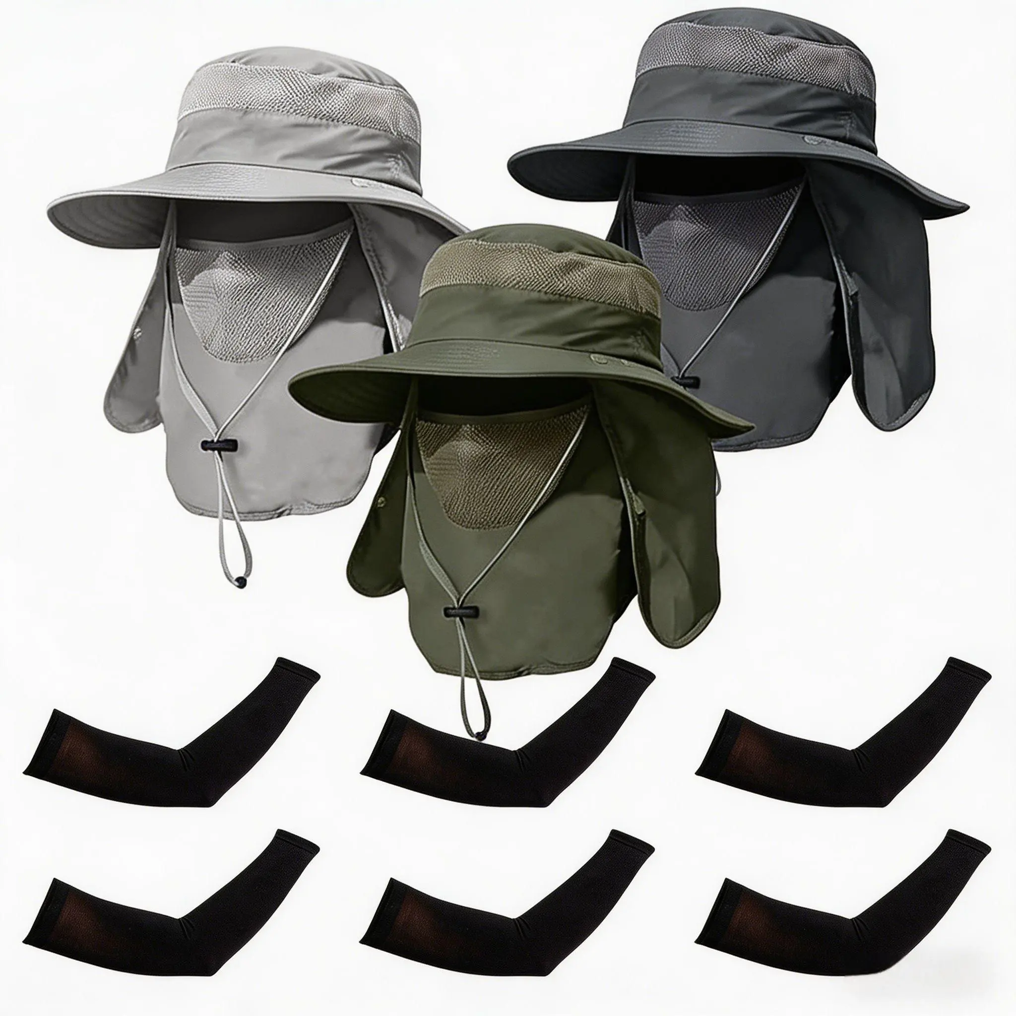 3 pack Full Face Sun Protection Bucket Hat with Neck Flap & Face Mask, Breathable Wide Brim Fishing Hat with 3 pairs of ice silk sun protection sleeves, Windproof Outdoor Sun Hat for Fishing Hiking Gardening Cycling,camping essentials