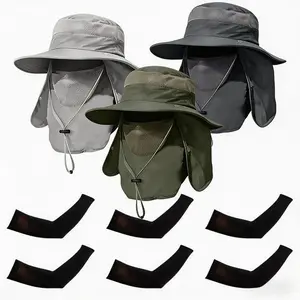 3 pack Full Face Sun Protection Bucket Hat with Neck Flap & Face Mask, Breathable Wide Brim Fishing Hat with 3 pairs of ice silk sun protection sleeves, Windproof Outdoor Sun Hat for Fishing Hiking Gardening Cycling