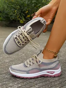 Women's Mesh Lace-Up Casual Sneakers, Lightweight Footwear with Color Block for Everyday Wear