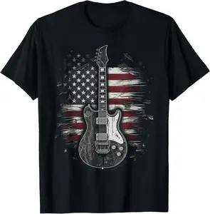 Men's Casual Cotton Round Neck Short-Sleeve Graphic Tee - American Flag, Guitar, Rock Music Design - Fashion Menswear Streetwear Gift for Guitarists