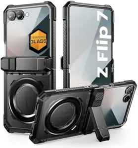 SUPCASE for Samsung Galaxy Z Flip 7 Case with Stand & Front Screen Protector (Unicorn Beetle Grip), [Support MagSafe] [Hinge Protection] Full Body Military-Grade Translucent Back Phone Cover, Black magnetic wireless