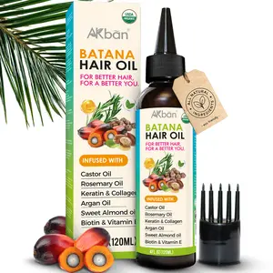 AKBAN 100% Pure Batana Oil, containing castor oil, rosemary, and pumpkin, with biotin, keratin, and vitamin E, is a premium hair blend that promotes hair growth and strengthens hair. 4 fl oz.