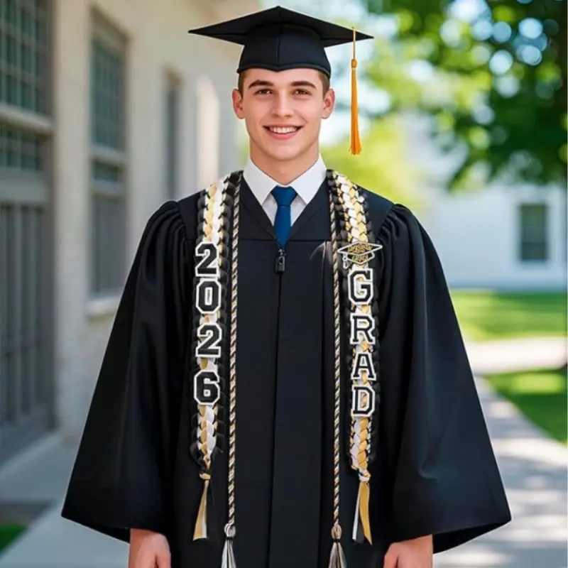 2026 Graduation Ribbon Lei, Double-Stranded Handmade Handcrafted Quality Braided Elegance Congratulatory Graduation Wreath with Satin Flower Pin, Graduation Accessories for Unisex, Perfect as Apparel Decor & Memorable Graduation Season Gift, Handcrafted