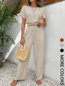 Women's Solid Color Short Top & Wide Leg Pants Two-piece Set, Casual Fashion Cozy Top & Trousers for Daily Outdoor Wear, Ladies Summer Outfit