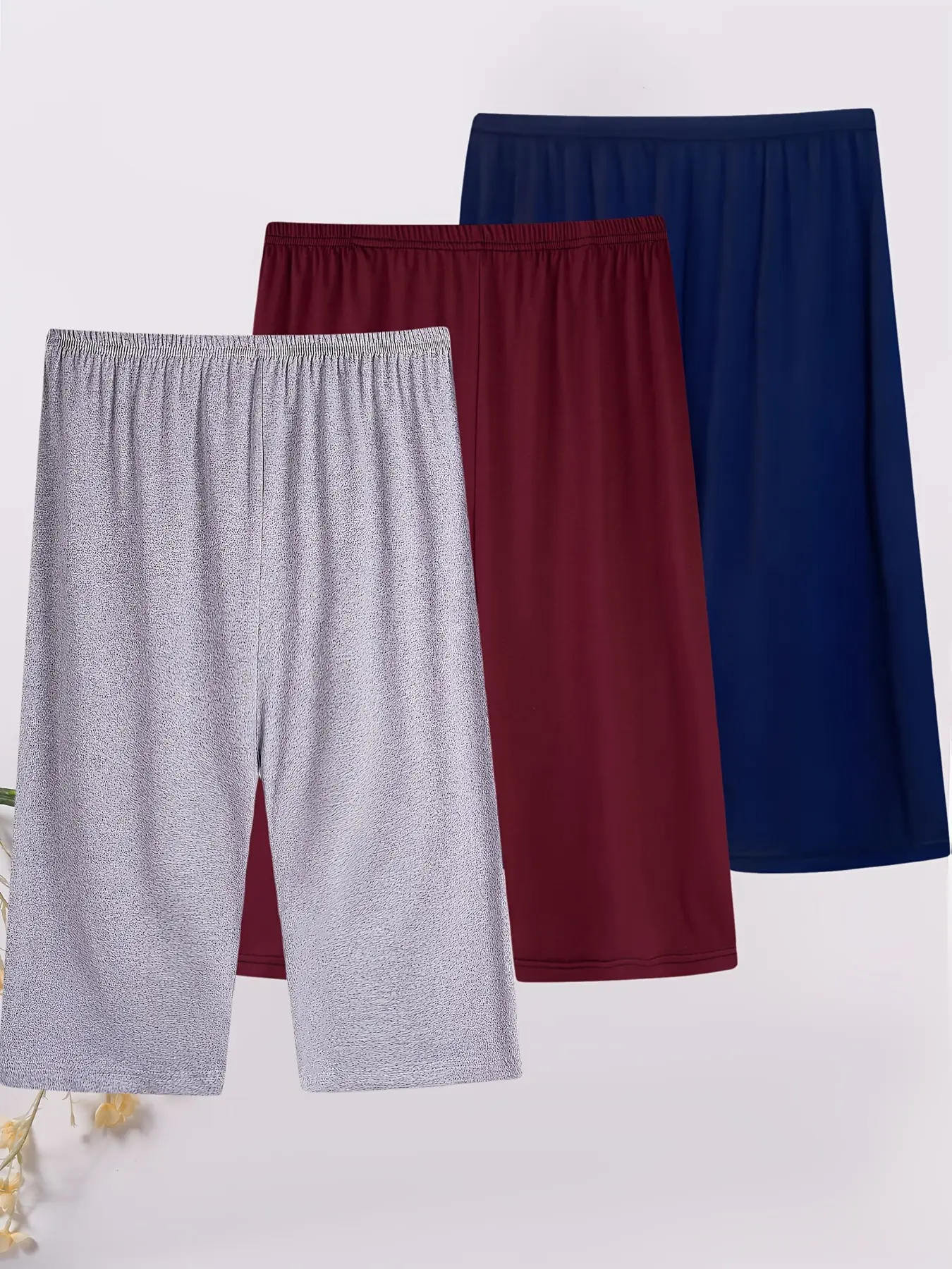 3-Pack Solid Color 7/8 Pants, Plus Size Summer Sleepwear, Loose-Fit Casual Home Wear Loungewear, Thin Lightweight, Reusable Outdoor Shorts