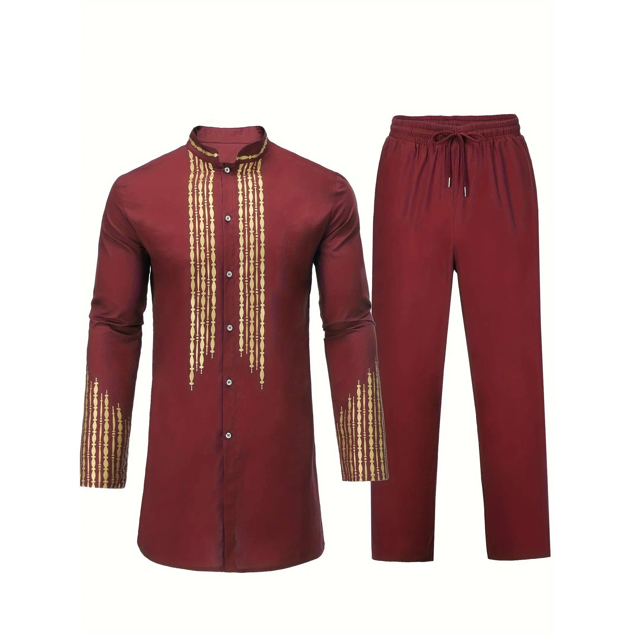 Plus Size Men's African 2Pcs Outfits, Long-Sleeved Button Up Shirt Pants Set, Golden Floral Print Dashiki And Pants Outfit Traditional Ethnic Suit