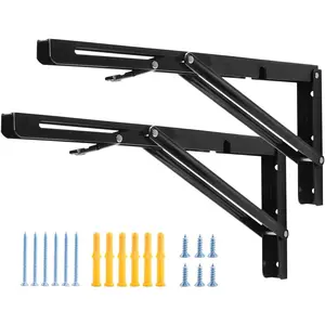 16 Inch Folding Shelf Brackets, Heavy Duty Collapsible Black DIY L Bracket for Workbench Folding Table Hinge, Max Load 330lb, Pack of 2