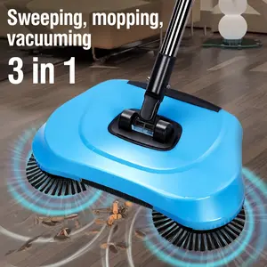 3-in-1 Manual Broom and Vacuum Combo with Long Handle - Dual-Action Sweeping & Mopping, No-Flag Hog Bristles for Hardwood Floors, Tile, Kitchen, Office - Blue/Red Ergonomic Lightweight Cleaning Tool, Broom Sweeping Floor