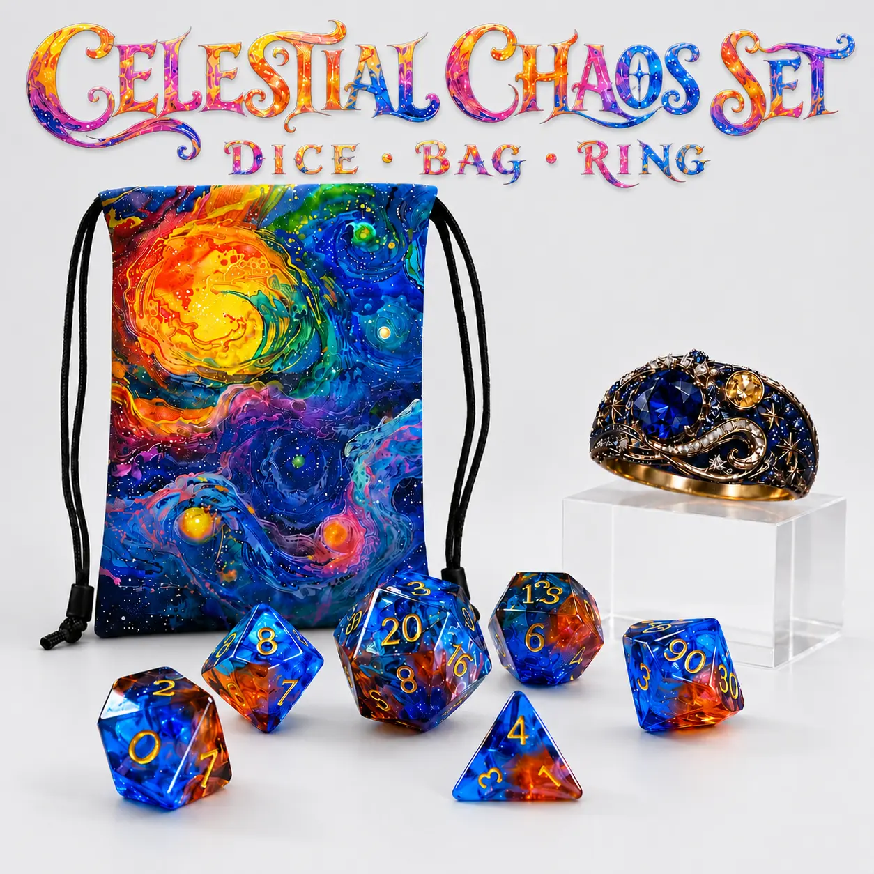 Celestial Chaos Unisex DND Dice Set - 7PCS Translucent Resin Blue-Orange Cosmic Theme Polyhedral RPG Dice, Galaxy Drawstring Bag & Mystic Ring, Ages 8+ Tabletop Game Gift for RPG Enthusiasts, Game Pieces