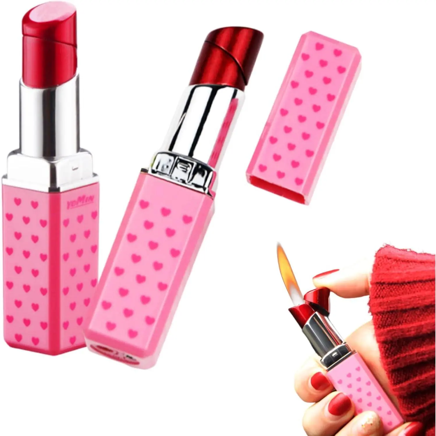 Women's Decorative Cute Lipstick Press Lighters - 2-Pack Soft Flame Refillable (Without Butane), with Flame Adjustment Tool, Unique Birthday Gift Ideas for Girlfriend, Red Lighter Accessories