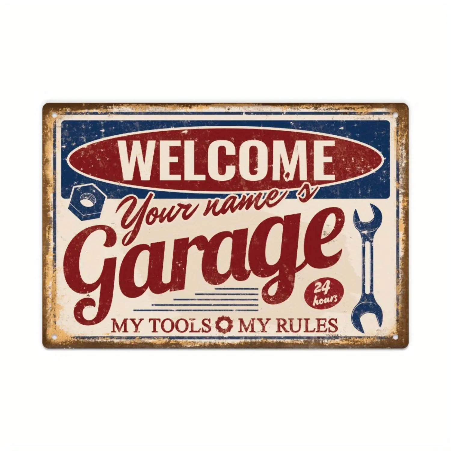 [Vintage Garage Sign] Rustic Personalized Vintage Garage Sign - Custom Name "Welcome's Your Garage," Metal Wall Decor for Man Cave, Indoor/Outdoor Use, 12x8 Inches, Red & Blue Distressed Design with Wrench & Toolbox Illustrations | Vintage Aesthetic