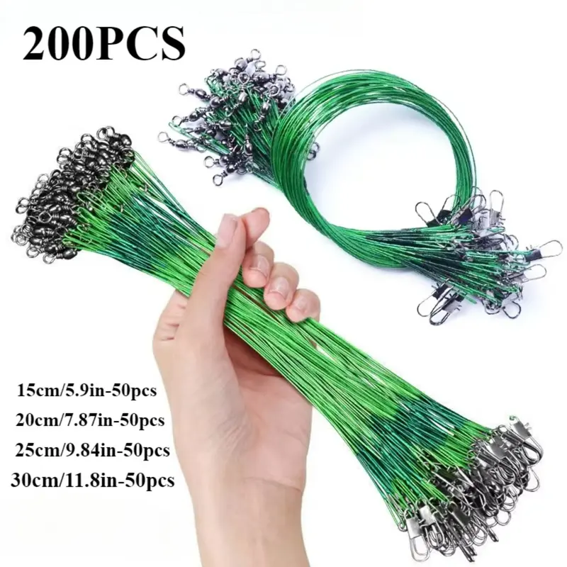 KLYVIONIS 200pcs Multi-Size Nylon Coated Steel Wire Leaders - Fishing Gear Tackle Accessories with Swivel Snaps Terminal Tackle for Beach Fishing, Fresh Water, Lake (5.9in/7.87in/9.84in/11.8in;15cm/20cm/30cm)