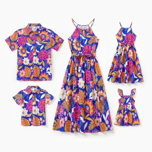 PatPat Family Matching Hawaiian Outfits Tropical Floral Print Vacation Clothes Strap Belted Dress or Short-sleeve Shirts Summer Beachwear Set