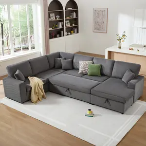 [Ships in 3 Boxes] AMERLIFE 129 Inch Sectional Couches for Living Room, Sectional Couch with Storage & Ottoman, Modular Sectional Sofa Converts to Sleeper, Cloud Couch Sectional for Large Space