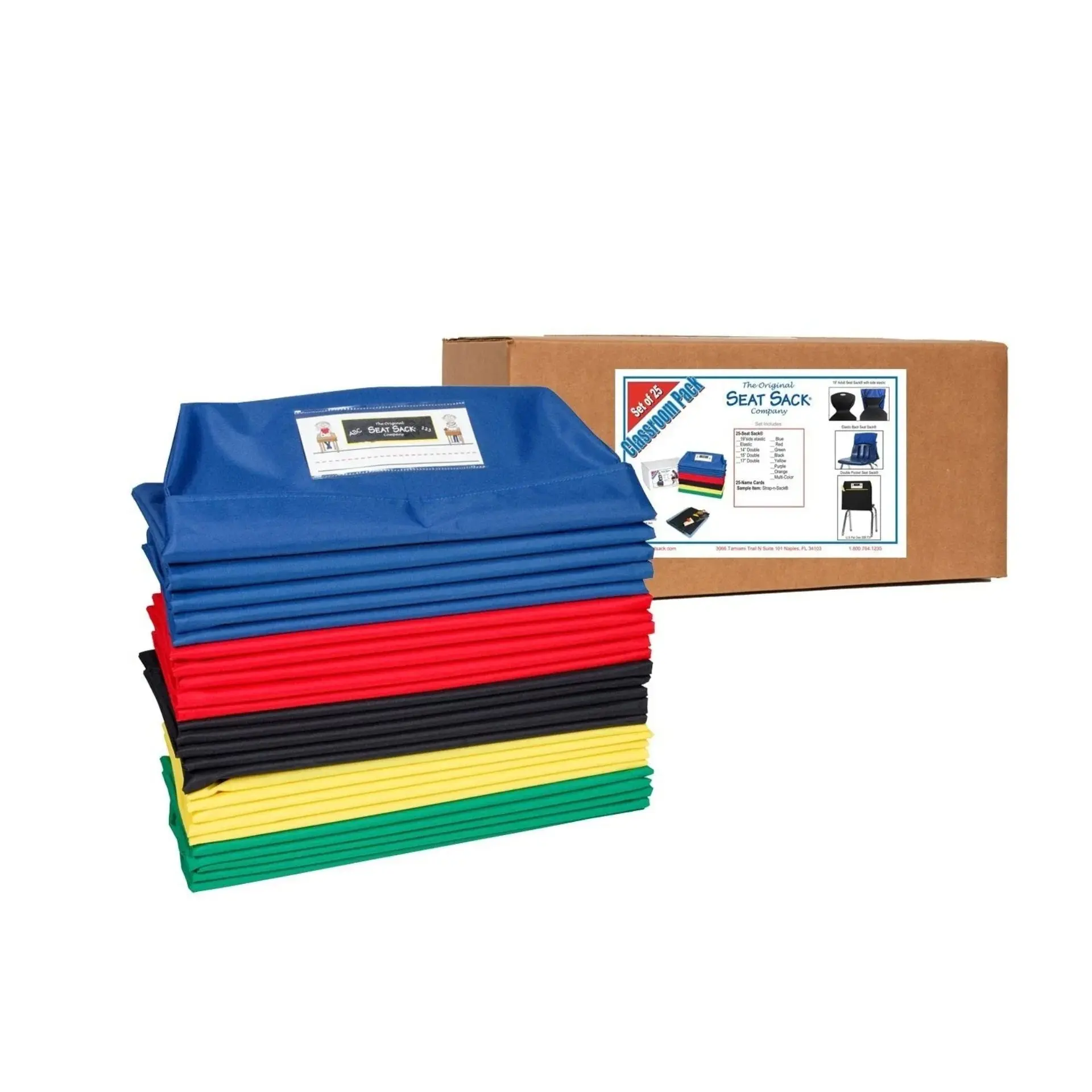 Seat Sack® Multi-Size Classroom Bulk Set of 25 Student Chair Pockets - Original Blue, Slip-On, Adjustable, Easy-Installation Home Organizer Storage Bags, Elastic-Back, Adult-Sized