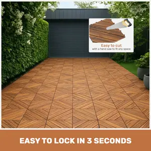 SAVEYOUR 10 PCS Interlocking Deck Tiles Diagonal Pattern 12" x 12" Acacia Wood Waterproof All-Weather Outdoor Decking for Garden Pool Balcony Easy Click Install