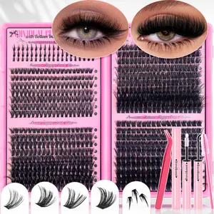 740pcs Natural Curly Lashes Clusters with Glue & Tweezer | 9-16mm D Curl Volume & Thick Fluffy False Eyelashes Kit for Beginners - 40D/60D/80D/100D Cat Eye Lashes Extensions Set with Bottom Lash Cluster