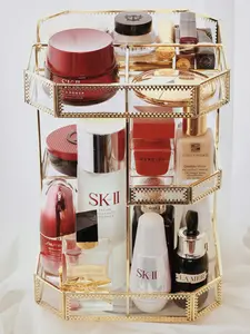 JCBeauty Glass&Brass Vintage Style Makeup Organizer 360 Degree Rotating Countertop Cosmetics Storage Display for Lipsticks Perfumes Skincare Large Space, Gold