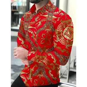 Men's Fashion Chain Print Long Sleeve Shirt Red Design Shirt Red Shirt For Men Graphic Red And Gold Shirt Men