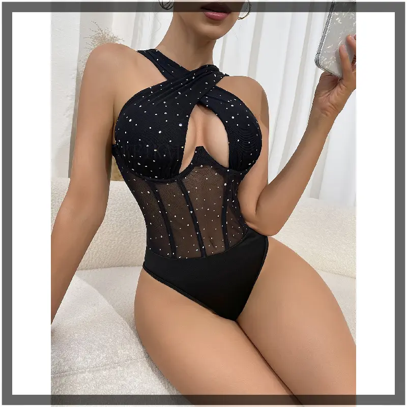 [Waist-Cinching Bodysuit] European Style Steel-Boned Fishbone Mesh Sequin Halter Neck Bodysuit - Waist-Cinching Women's Lingerie