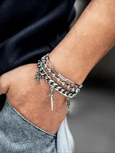 3-piece Punk Style Replica Sword Cross Pendant Multi-layer Chain Bead Bracelet for Men - Versatile Daily Wear