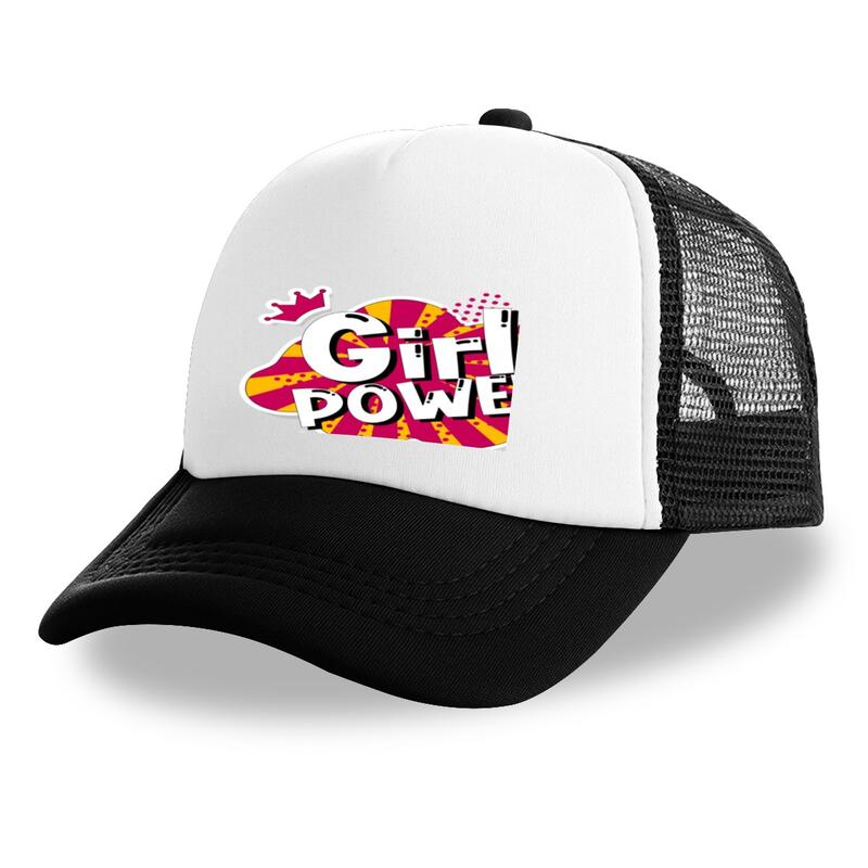 Unisex Full Brim Trucker Hat - Feminist Girl Power Graphic, Breathable Polyester, Black White Mesh Back, Adjustable Casual Outdoor Sun Fashion Baseball Cap #sohochic