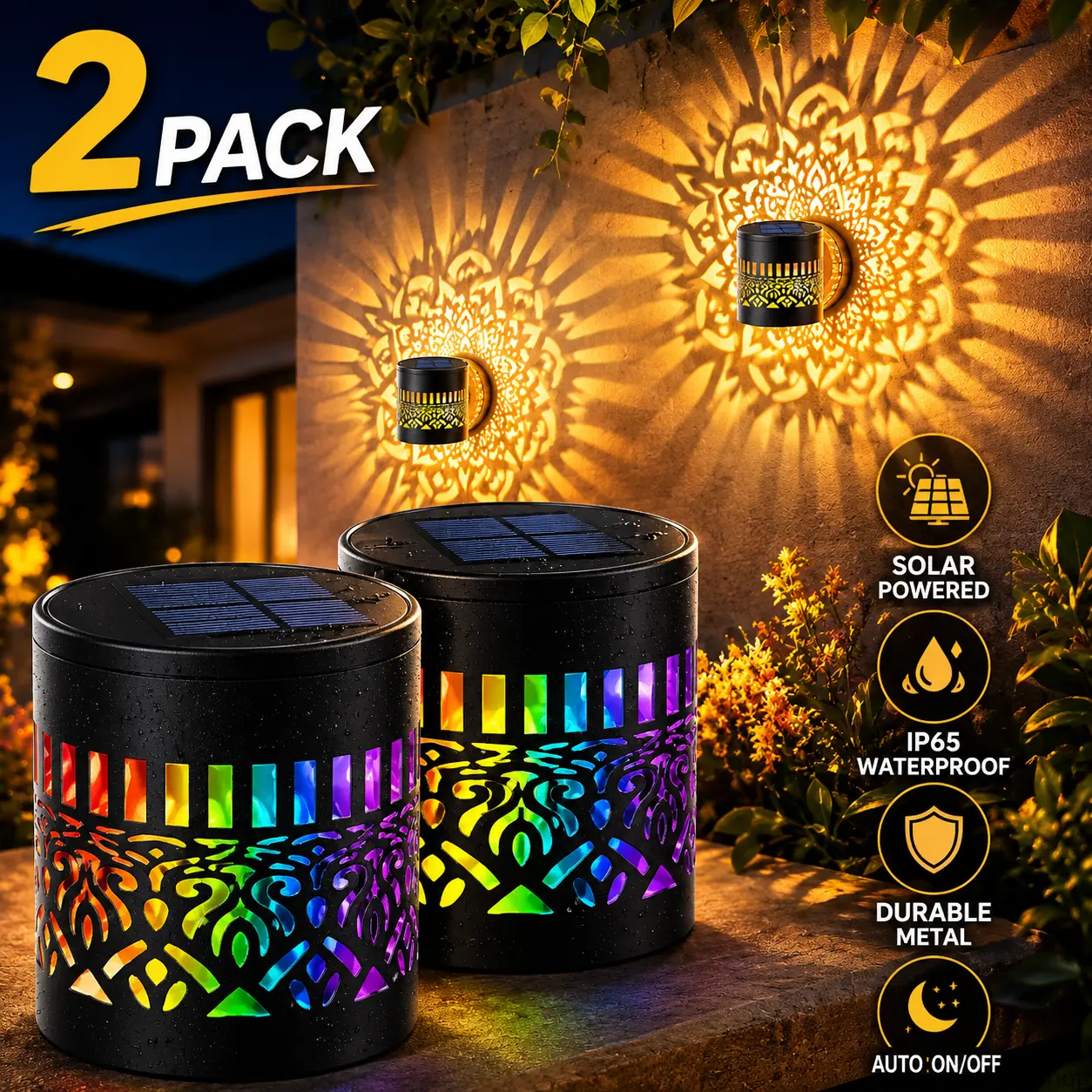 Solar Mandala Projector Wall Lights, Waterproof Durable Metal Fence Light, Outdoor Decorative Lights, Outdoor Lighting for Garden, Patio, Backyard and Courtyard