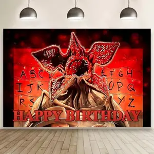 Stranger Demogorgon Birthday Banner Decoration, Happy Birthday Decorative Backdrop, Flat 2D Party Supplies, No Power Required Pull Flag Banner, Perfect for Birthdays