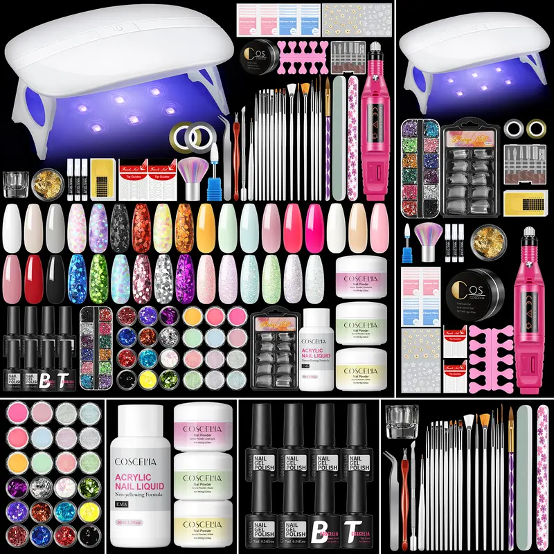 COSCELIA Acrylic Nail Kit for Beginners | Nude Acrylic Powder, UV Gel Polish & Glitter Decorations | Complete Gift for Women