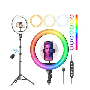 NEW! 12’’ RGB Selfie Ring Light with 62’’ Tripod and Phone Holder, 18 Color LED Light for Video Recording, Compatible with Cell Phones and Cameras