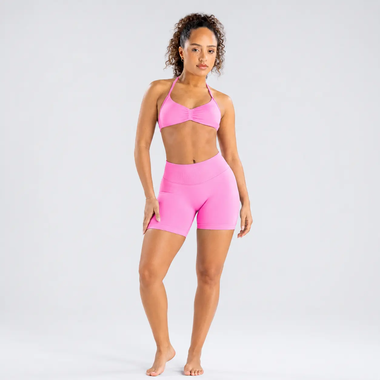 Women’s 2-Piece Seamless Workout Set - Sleeveless Halter Ruched Sports Bra, High Waist Biker Shorts, Tummy Control, Supportive Waist, Butt Lifting Activewear for Yoga, Pilates, Female Stylish Fitness Clothes