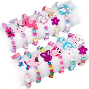 X-HBL01 12 Pcs Girls Bracelets Jewelry for adult and Kids Cute Unicorn Mermaid Animal Pendant Colorful Wooden Beaded Bracelets Princess Pretend Play Gifts for Toddlers