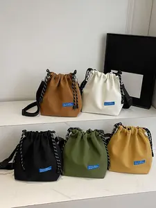 Classic solid color series relaxed water bucket bag, drawstring design, simple casual versatile, single shoulder crossbody bag, multiple colors to choose, Handbag Sling Bag, Casual crossbody bags