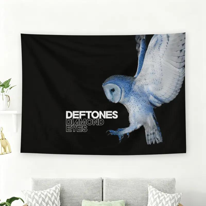 Deftones Diamond Eyes Album Cover Wall Flag, Blue Owl Black Background Decorative Tapestry Wall Hanging, Alternative Metal Band Living Room Wall Decor Decoration Items