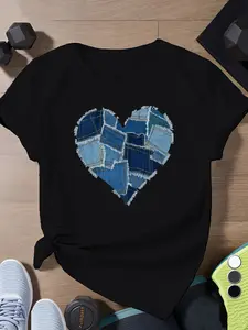 Plus Size - Plus Size - Casual And Short-Sleeve Tee for Plus-Size Women Featuring a Heart Patchwork Design, Made from 100% High-Quality Breathable Fabric, Ideal for Any Season.This Trendy T-Shirt Has a Ripped Denim Texture