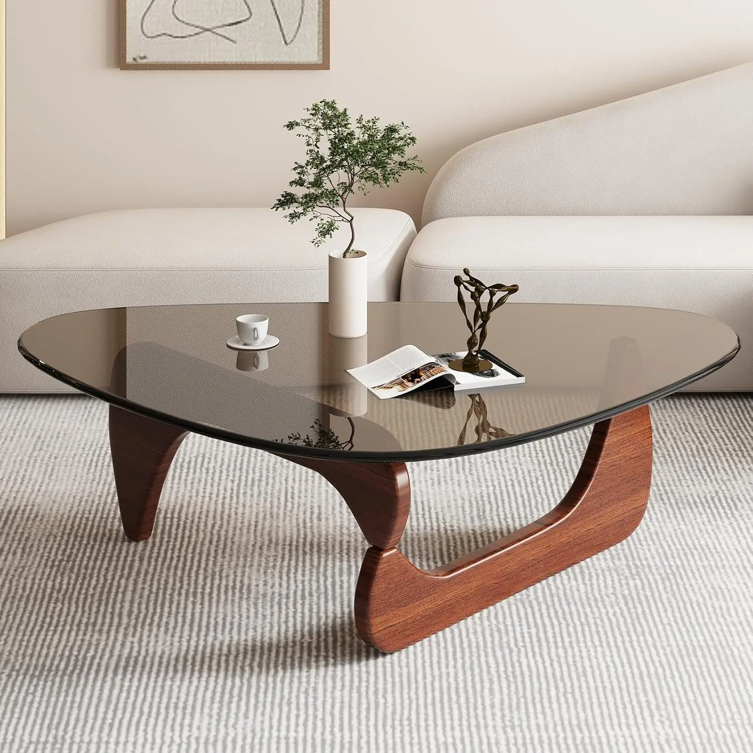 Coffee Tables for Living Room - Triangle Glass Coffee Table with Wooden Base Mid-Century Modern Abstract End Table for Study Room Office Hotel Balcony