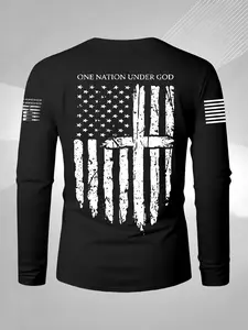 Men's Trendy Cross Flag Print Long Sleeve T-Shirt, Casual Comfortable Round Neck Top, Spring Fall Daily Wear, Fitted Regular Fit
