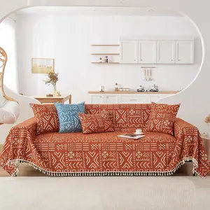 Boho Aztec Sofa Slipcovers for Sofa/Couch Farmhouse Geometric Couch Protector for Dogs with Tassel Brick Orange Dog Couch Cover Sectional Sofa Cover Bohemian for Sofa, 71" X118"