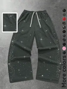Men's Rhinestone Starry Sky Wide Leg Pants, Shiny Rhinestones & Stars Print Details, Trendy Street Style Fashion, Comfortable Loose Fit Long Pants